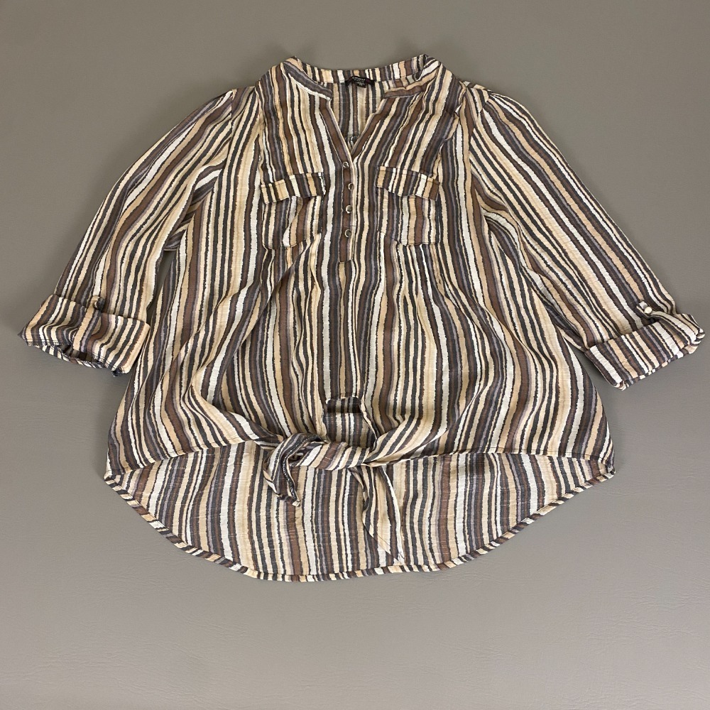 Cocomo Blouse Popover Button Shirt 2X Beige Striped‎  Henley Tie-Front Tunic